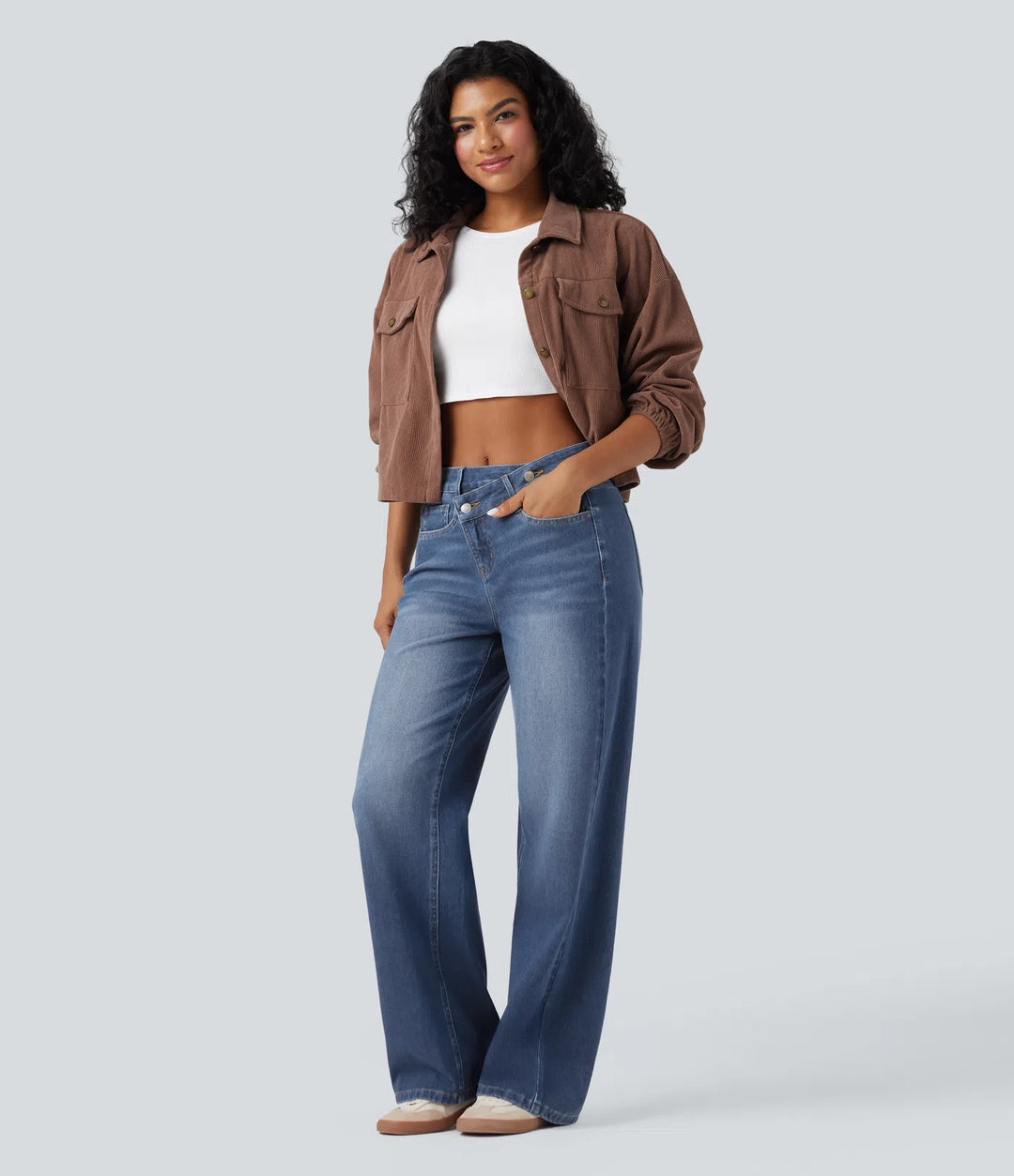 Halara Flex Asymmetric High Waisted Washed Casual Baggy Jeans with Pockets