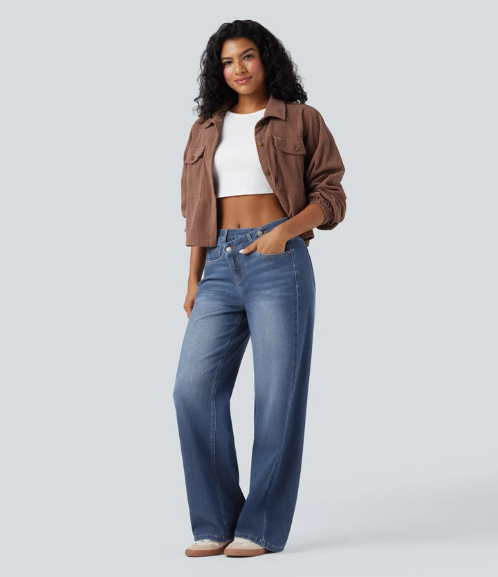 Halara Flex Asymmetric High Waisted Washed Casual Baggy Jeans with Pockets