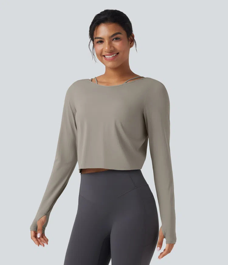 SoftlyZero QuickDry Backless Twist-back Long Sleeve Thumb Holes 2-in-1 Yoga Sports Top
