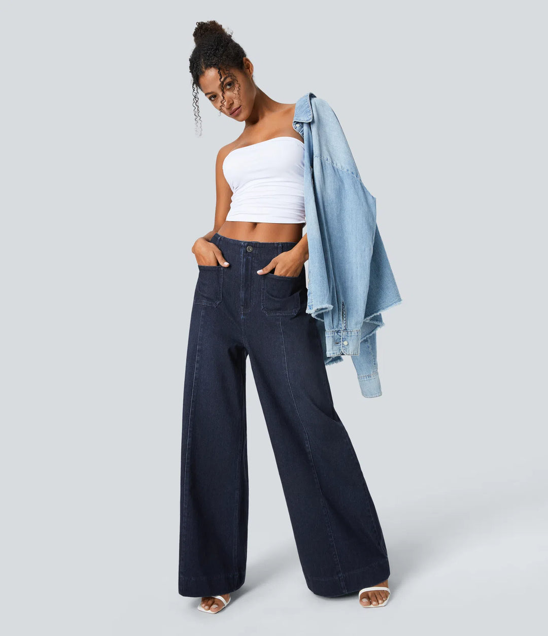 Halara Flex High Waisted Pockets Washed Casual Wide Leg Jeans