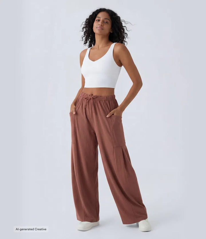 Mid Rise Elastic Waistband Drawstring Pocket Palazzo Flowy Wide Leg Baggy Casual Pants
