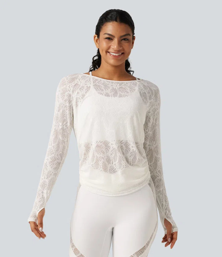 Cut Out Long Sleeve Thumb Hole Ruched Lace Yoga Sports Top
