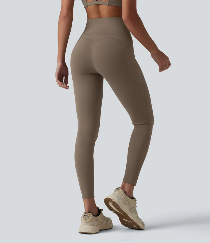 Halara UltraSculpt High Waisted Tummy Control Contrast Ribbed Yoga 7/8 Leggings with Pockets