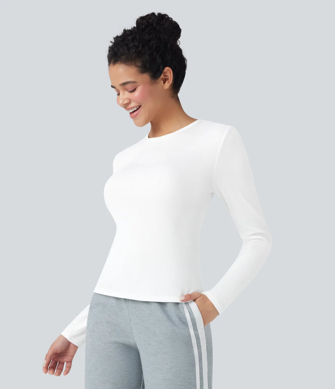 Ribbed Knit Round Neck Long Sleeve Casual Top