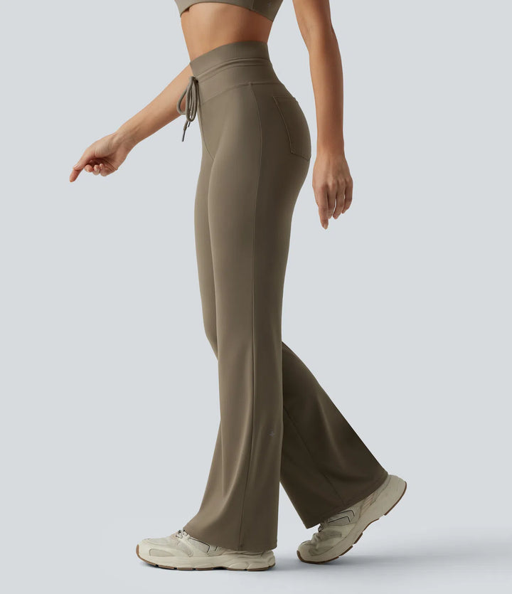 High Waisted Drawstring Plain Flare Yoga Pants with Pockets