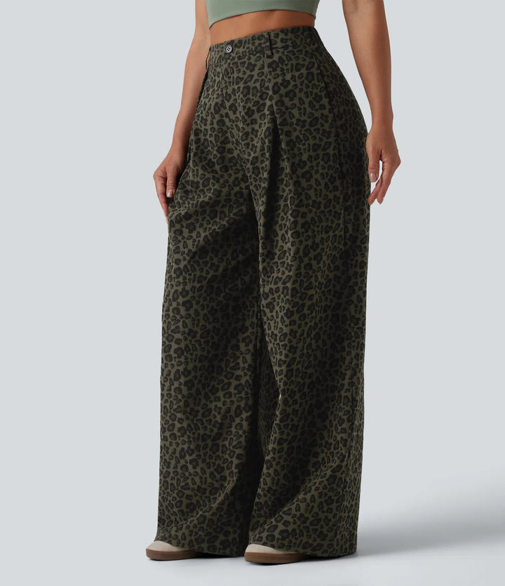 Mid Rise Wide Leg Baggy Leopard Print Casual Pants with Pockets