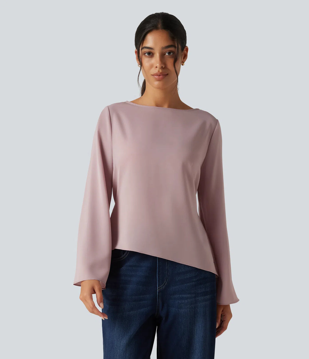 Boat Neck Flounce Long Sleeve Tie Back Asymmetric Hem Casual Blouse