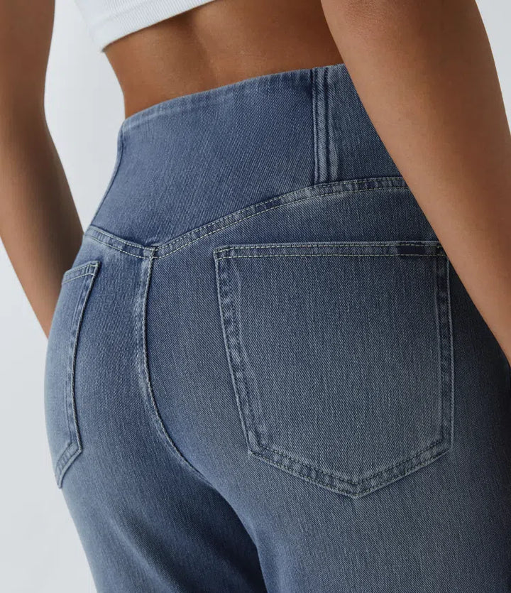 Halara Flex High Waisted Crossover Pocket Washed Casual Flare Jeans
