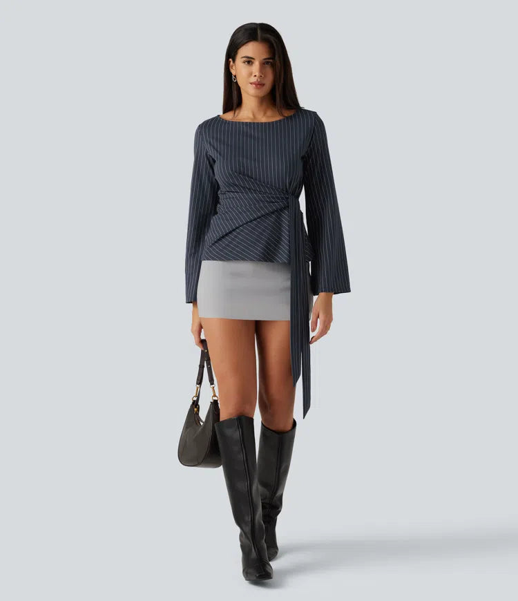 Boat Neck Flounce Long Sleeve Tie Side Ruched Stripe Work Blouse