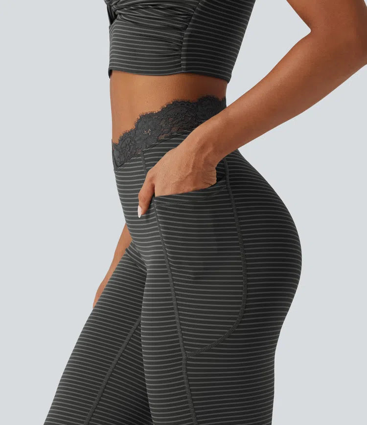 V-Shaped High Waisted Contrast Lace Stripe Yoga Flare Leggings with Pockets