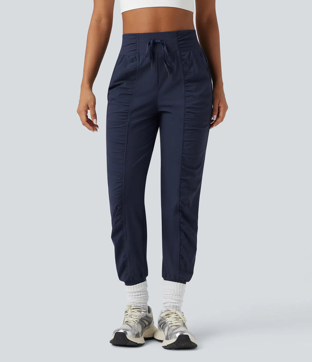 High Waisted Drawstring Ruched Tapered Quick Dry Cool Touch Dance Joggers with Pockets-UPF40+