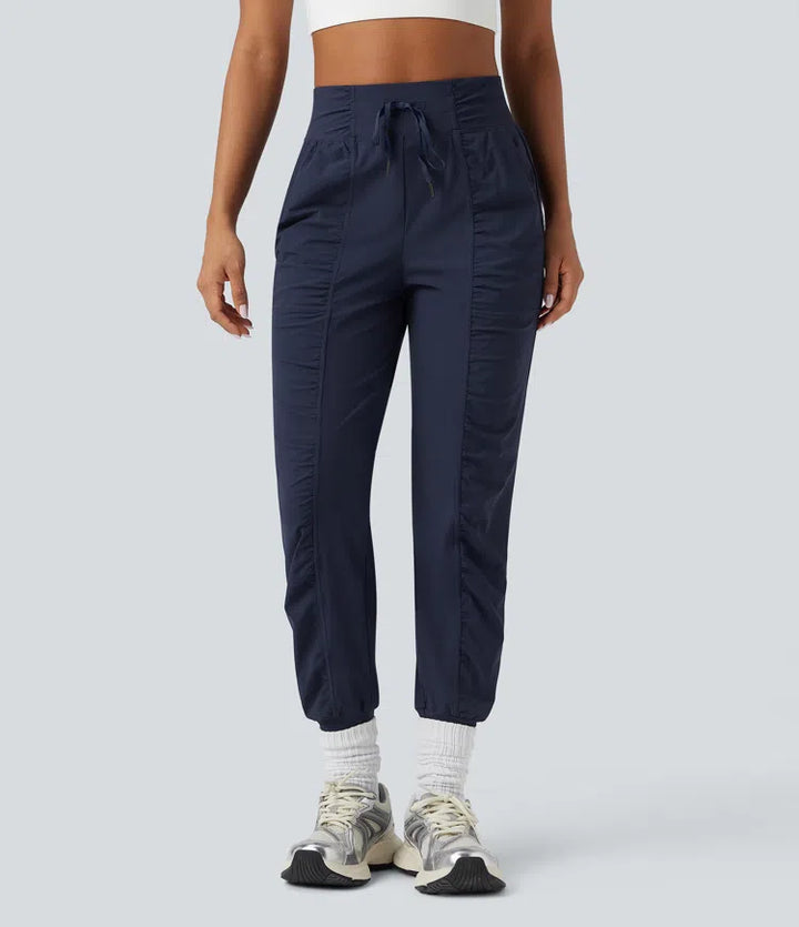 High Waisted Drawstring Ruched Tapered Quick Dry Cool Touch Dance Joggers with Pockets-UPF40+