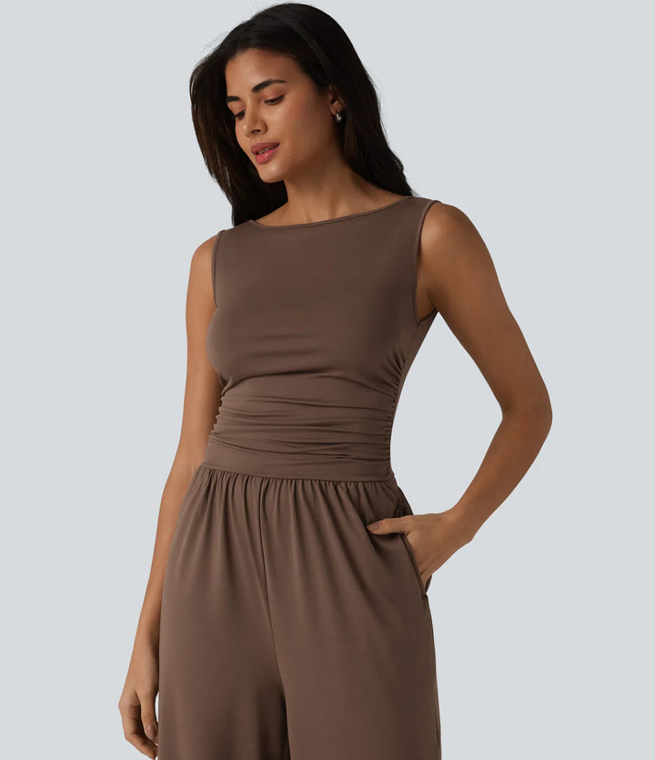 Boat Neck Sleeveless Ruched Wide Leg Casual Jumpsuit with Pockets-Easy Peezy Edition