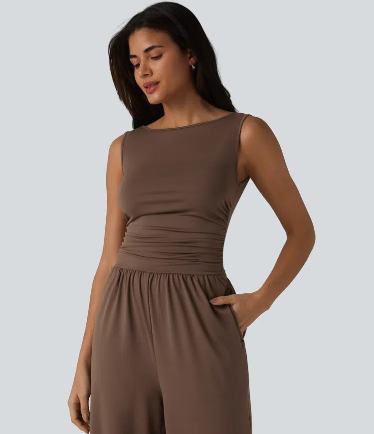 Boat Neck Sleeveless Ruched Wide Leg Casual Jumpsuit with Pockets-Easy Peezy Edition