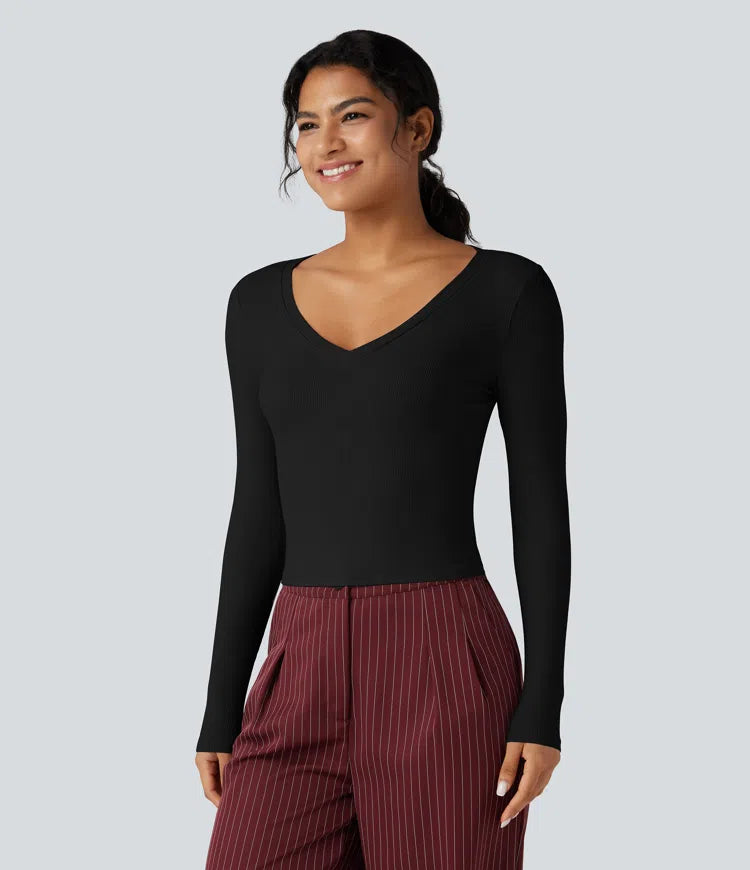 Ribbed Knit V Neck Long Sleeve Cropped Work T-Shirt