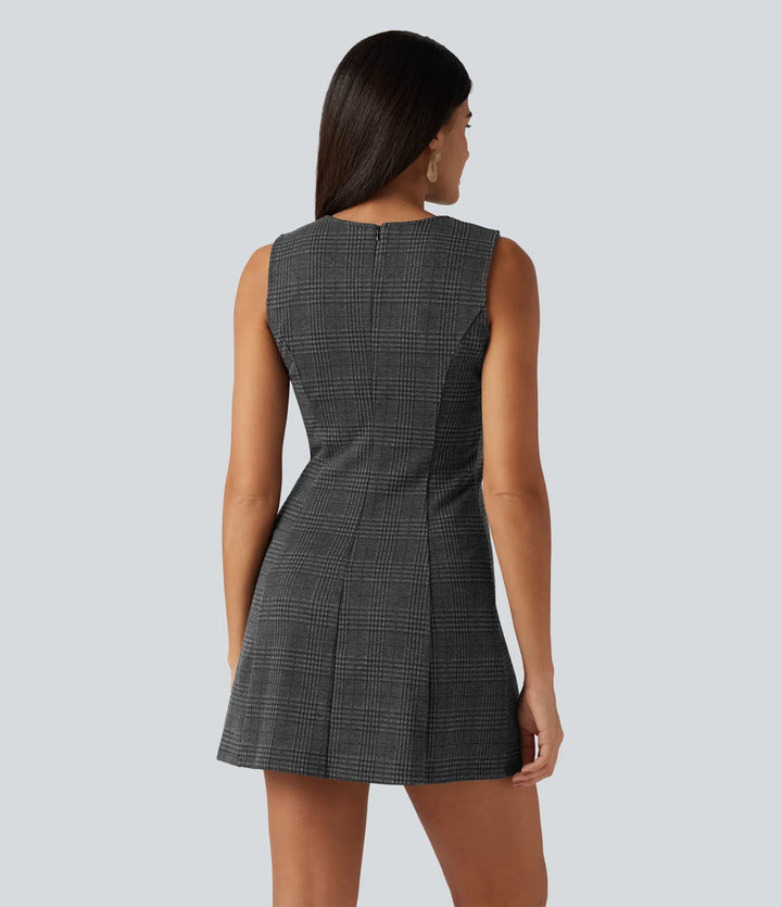 Round Neck Sleeveless Houndstooth Plaid Mini Work Dress