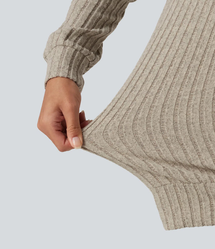 Ribbed Knit V Neck Long Sleeve Casual T-Shirt