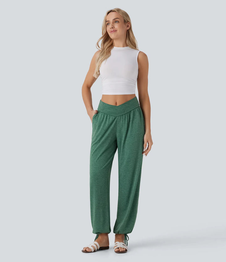 Crossover High Waisted Pocket Drawstring Casual Joggers