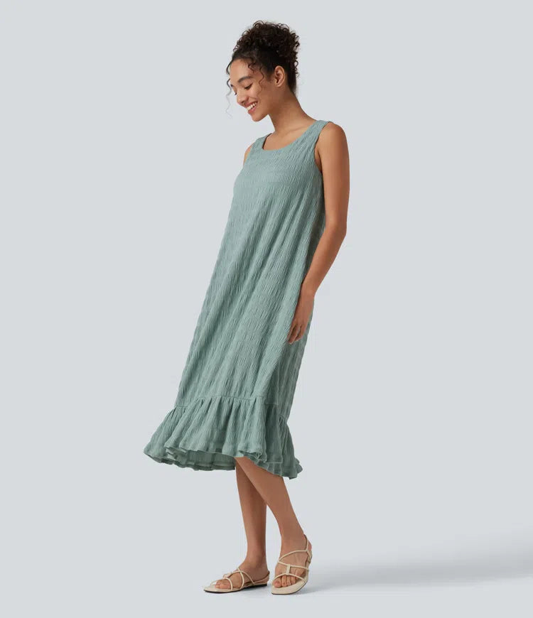Round Neck Built-in Bra Sleeveless Ruffle Hem Midi Casual Dress
