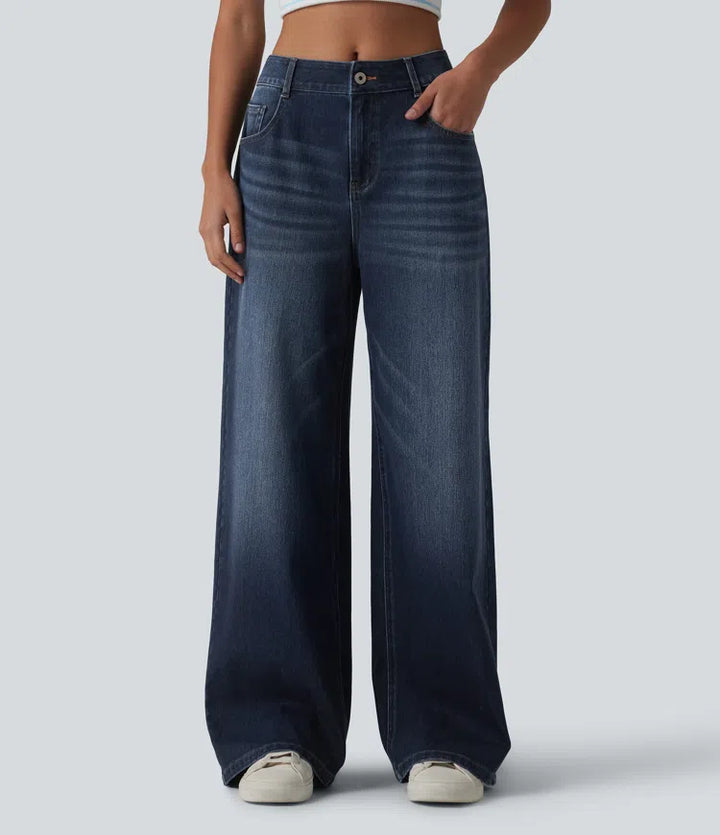 Halara Flex Mid Rise Washed Baggy Wide Leg Casual Jeans with Pockets