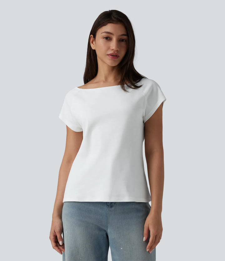 Boat Neck Short Sleeve Casual Pima Cotton T-Shirt