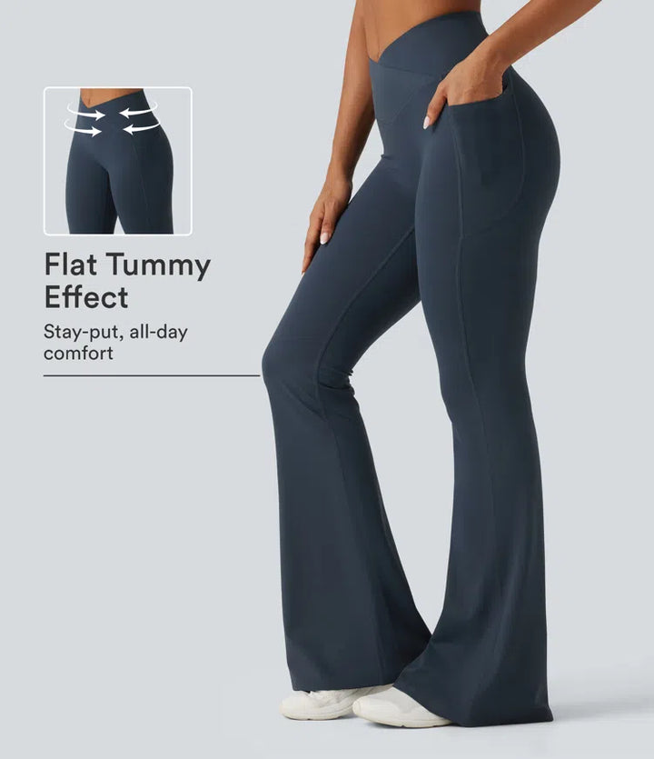 Halara UltraSculpt High Waisted Crossover Tummy Control Flare Workout Leggings with Pockets