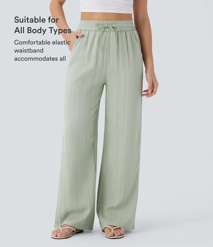 High Waisted Drawstring Pocket Wide Leg Baggy Casual Linen-Feel Pants