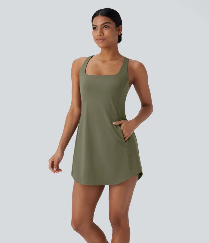 SoftlyZero Plush Cut Out Pocket 2-Piece Mini Yoga Active Dress