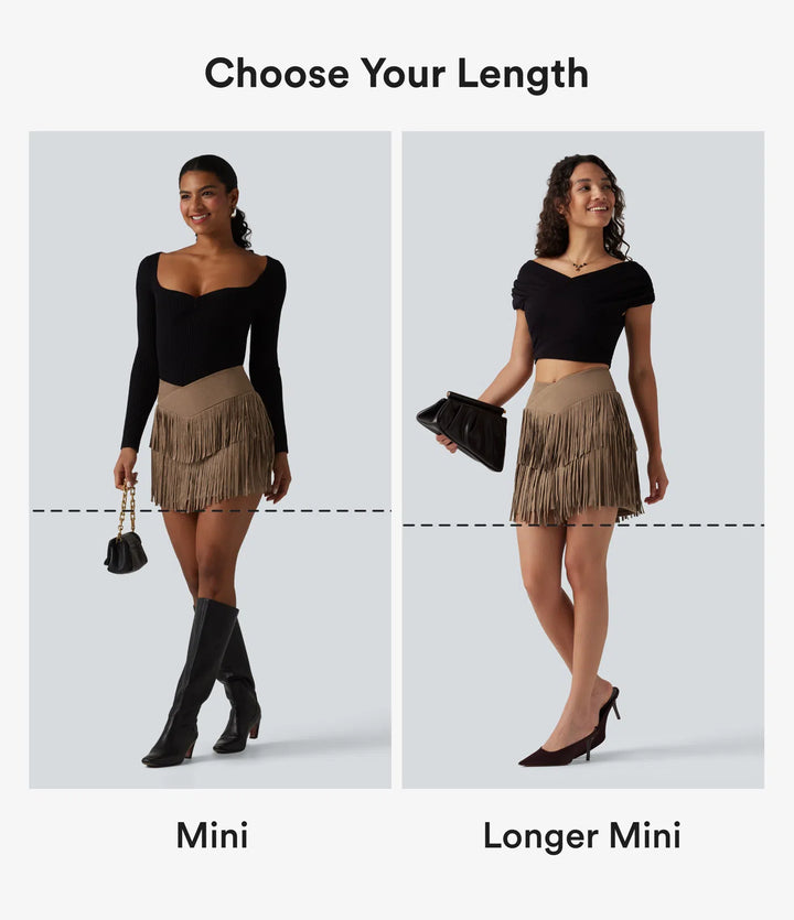 Crossover High Waisted 2-in-1 Fringe Hem Bodycon Mini Suede Party Skirt-Longer Length