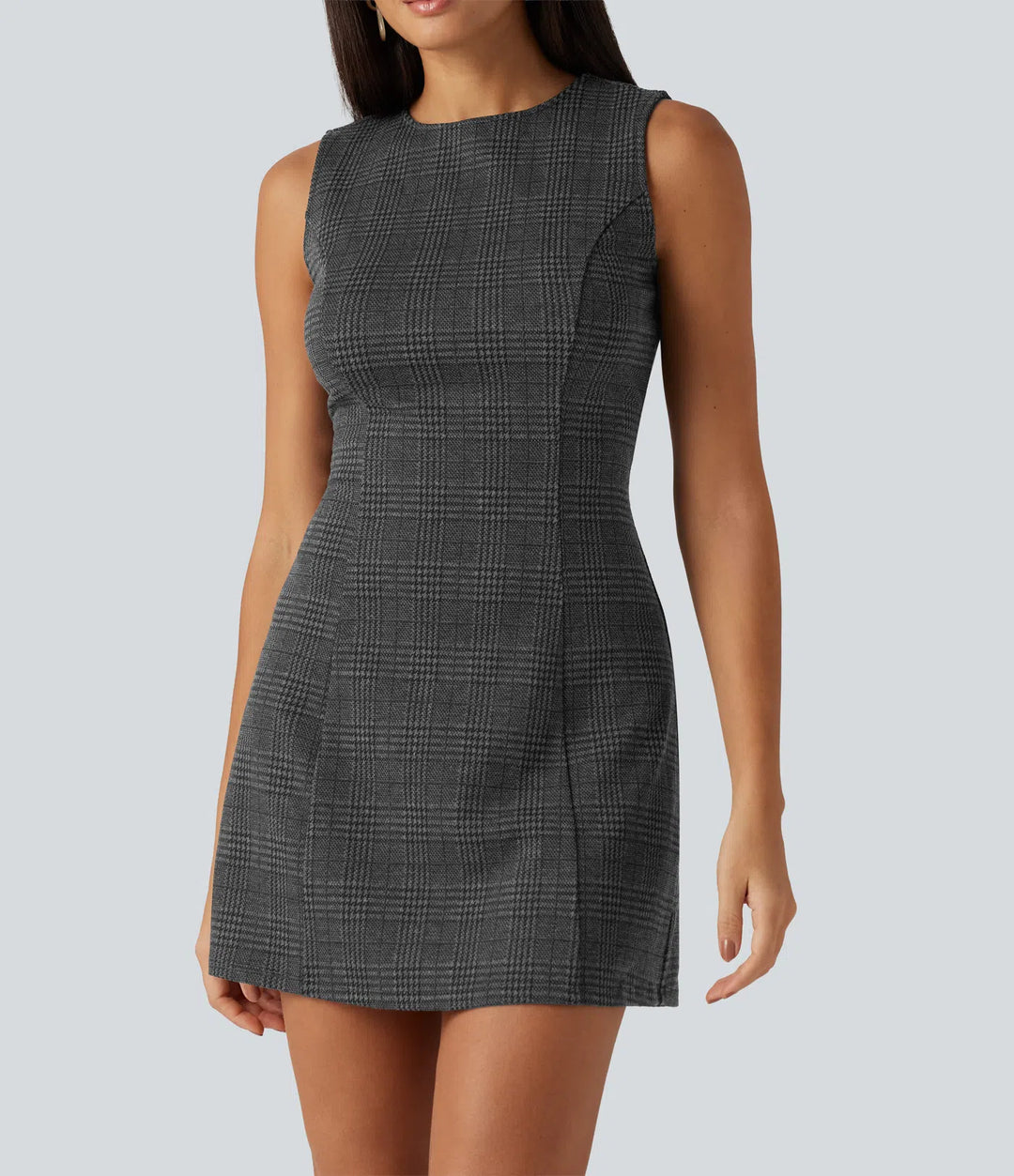 Round Neck Sleeveless Houndstooth Plaid Mini Work Dress