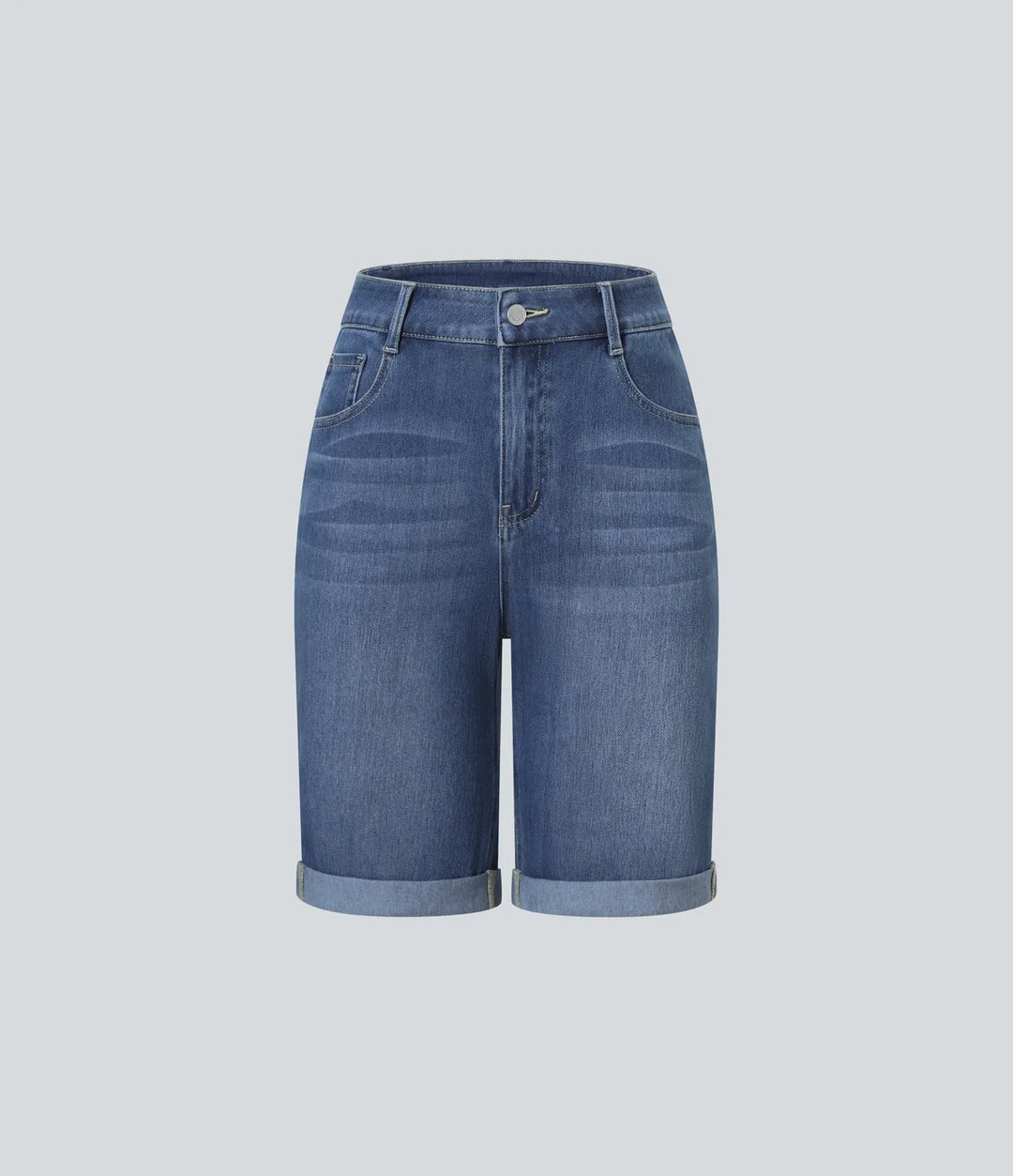 Halara Flex High Waisted Pockets Rolled Hem Washed Denim Casual Bermuda Shorts