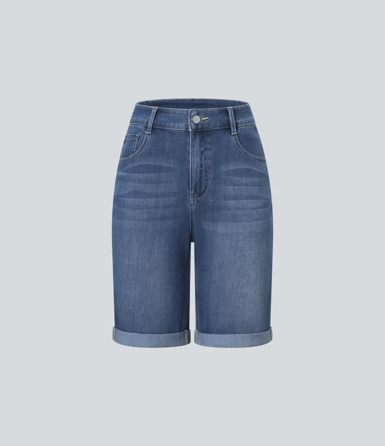 Halara Flex High Waisted Pockets Rolled Hem Washed Denim Casual Bermuda Shorts