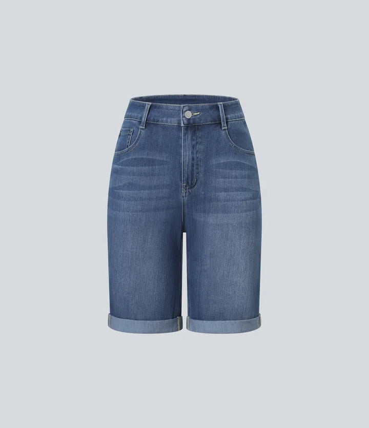 Halara Flex High Waisted Pockets Rolled Hem Washed Denim Casual Bermuda Shorts
