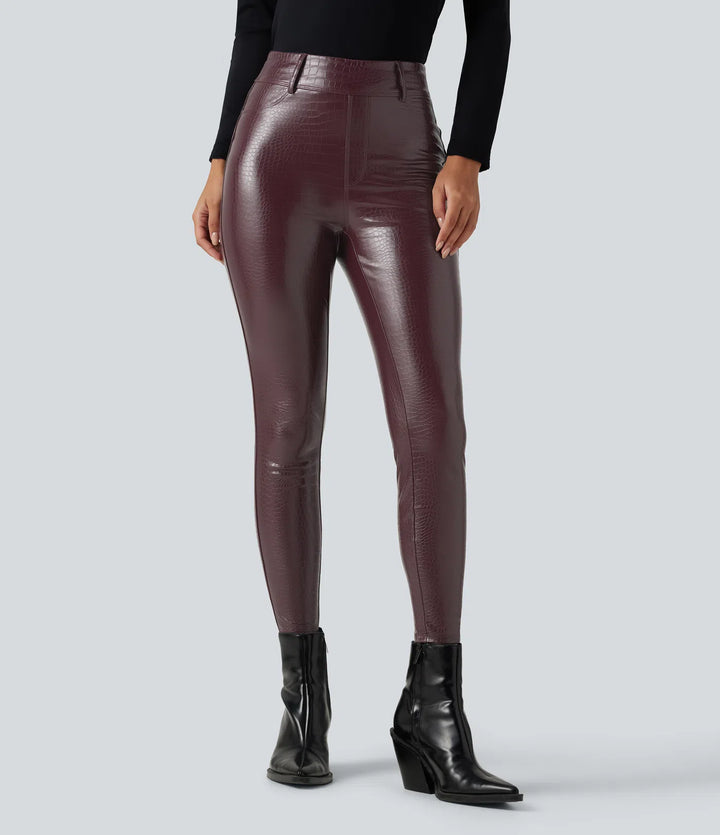 High Waisted Snakeskin Print Stretchy PU Fleece Casual Leggings with Pockets