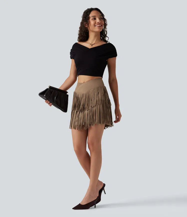 Crossover High Waisted 2-in-1 Fringe Hem Bodycon Mini Suede Party Skirt-Longer Length