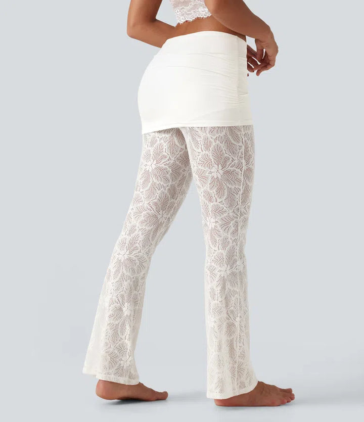 SoftlyZero High Stretch Lace Bootcut Casual Skirted Leggings with Pockets