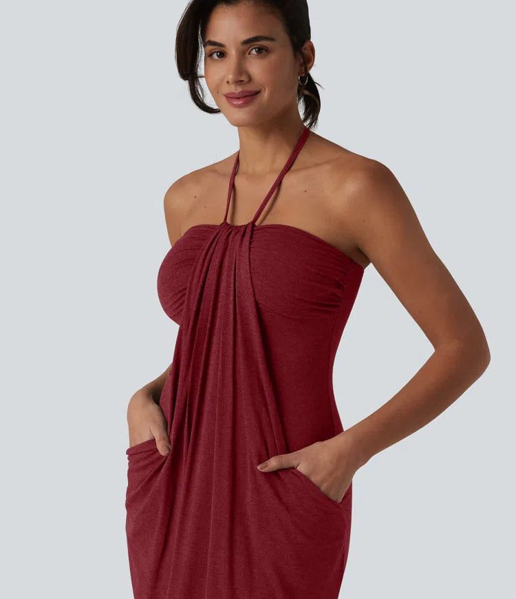 Halter Tie Back Mini Resort Dress with Pockets