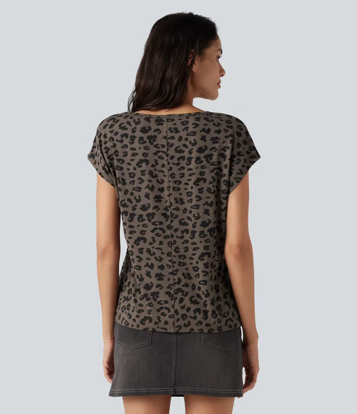 V Neck Short Sleeve Leopard Print Casual T-Shirt