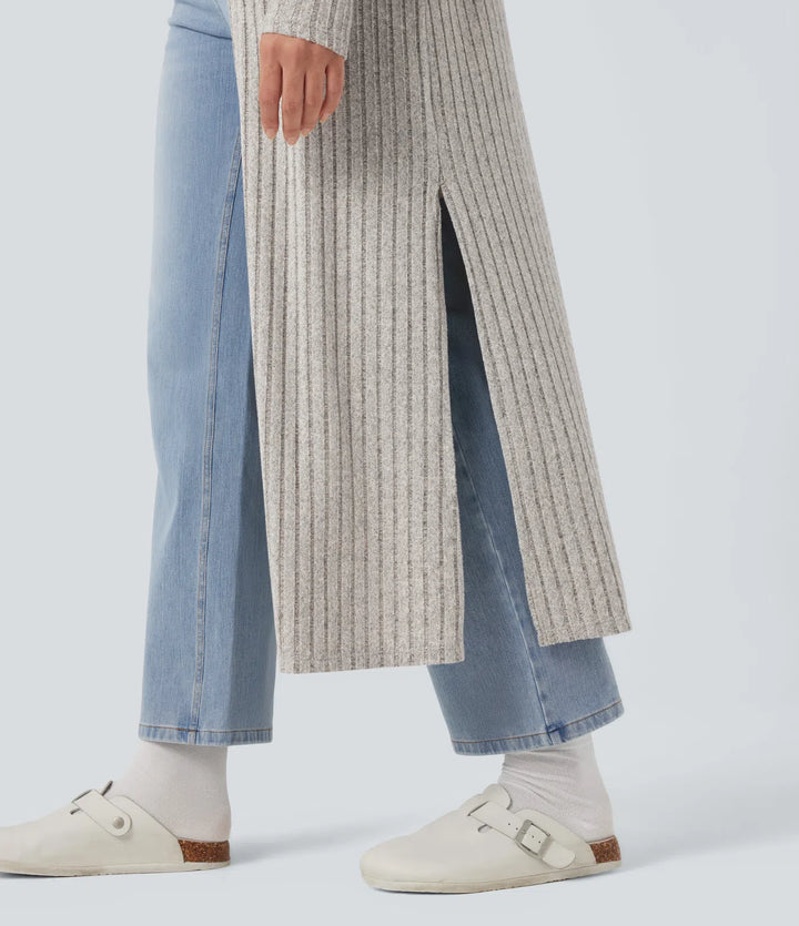 Ribbed Knit Long Sleeve Split Casual Longline Cardigan