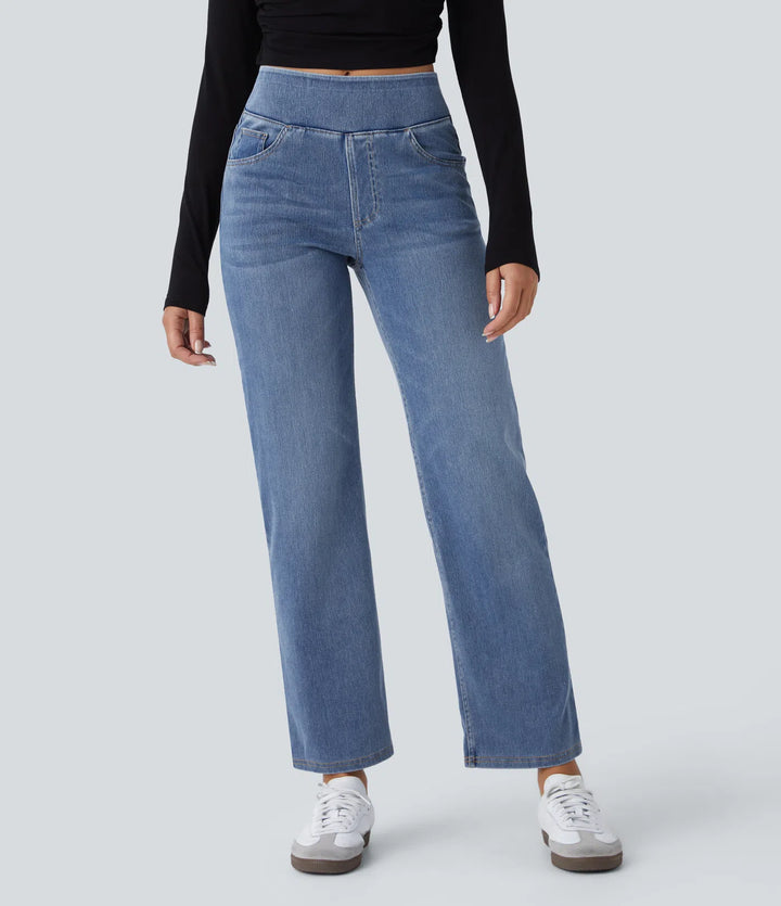 Halara Flex High Waisted Pockets Straight Leg Washed Casual Jeans