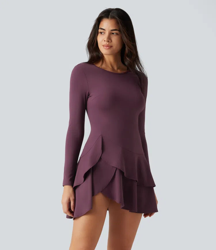 SoftlyZero Airy Round Neck Long Sleeve Layered Ruffle Hem InstantCool Mini Casual Dress
