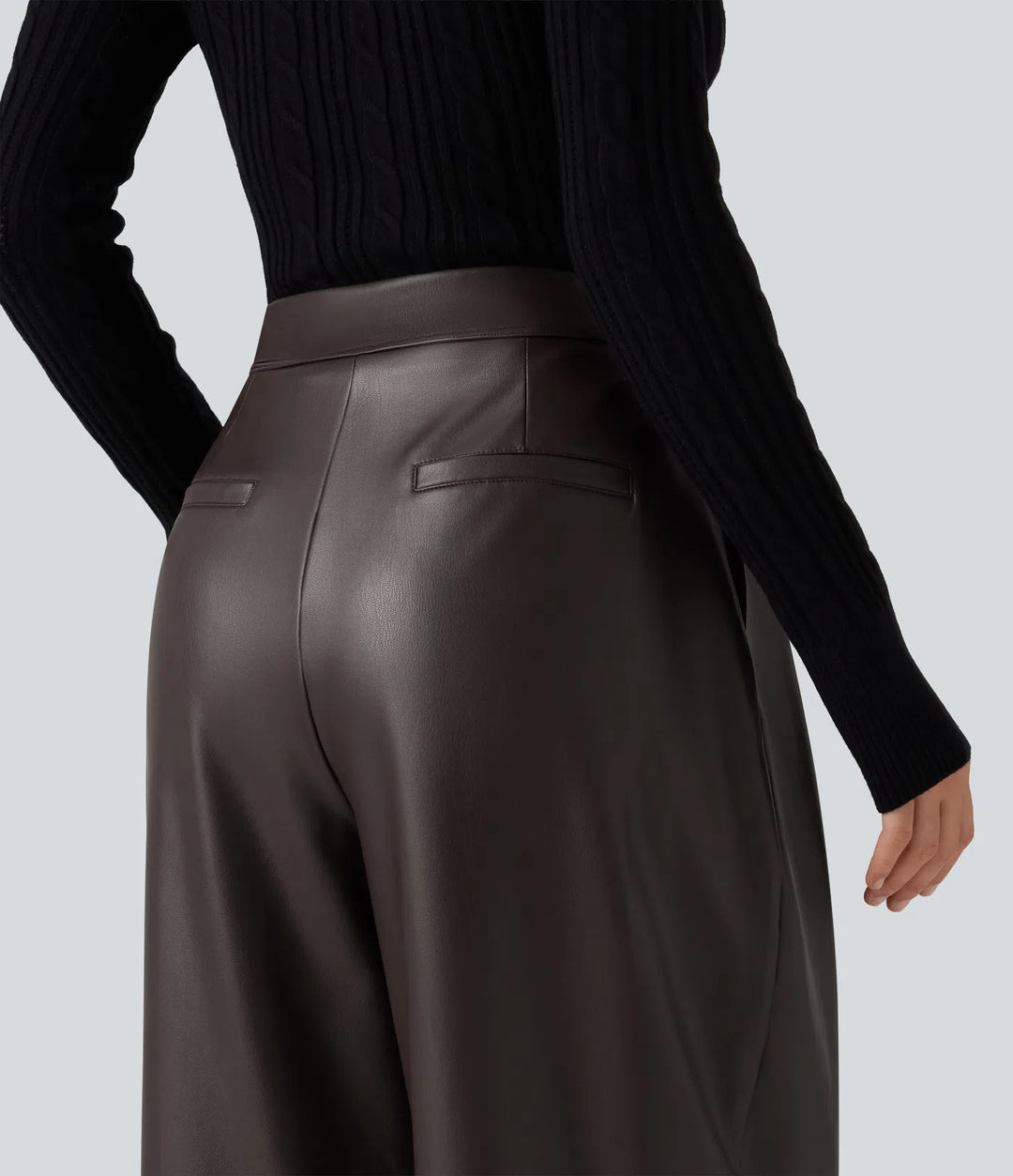 High Waisted Barrel Leg Stretchy PU Fleece Casual Pants with Pockets