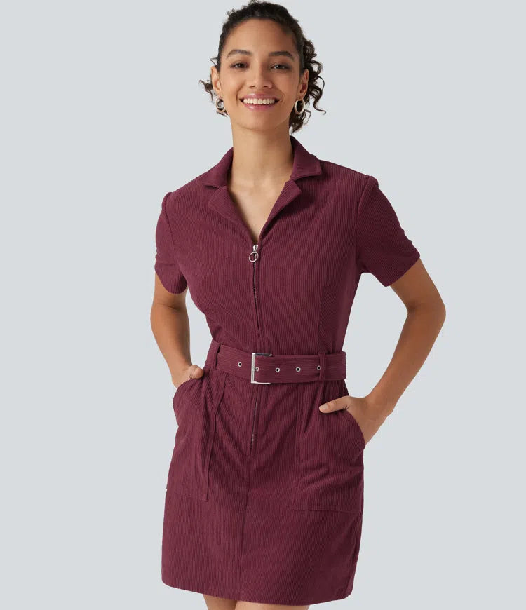 Short Sleeve Belted Corduroy Mini Casual Dress with Pockets