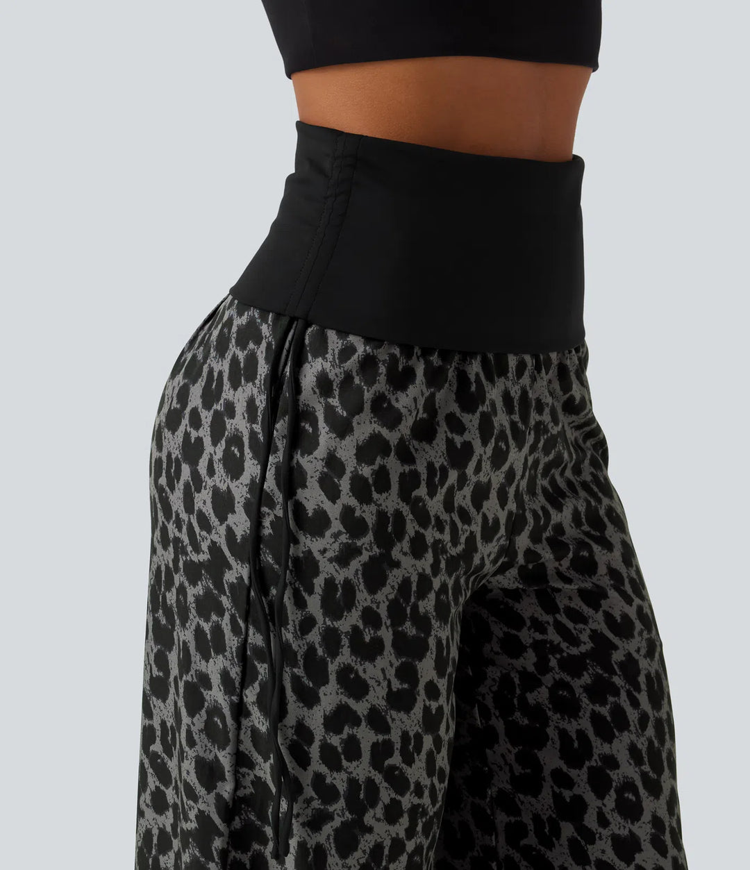Foldover High Waisted Ruched Drawstring Baggy Leopard Print Casual Pants with Pockets