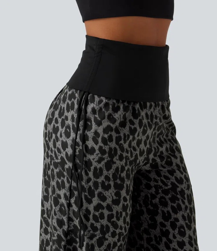 Foldover High Waisted Ruched Drawstring Baggy Leopard Print Casual Pants with Pockets