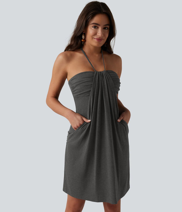 Halter Tie Back Built-in Bra Longer Mini Dress with Pockets