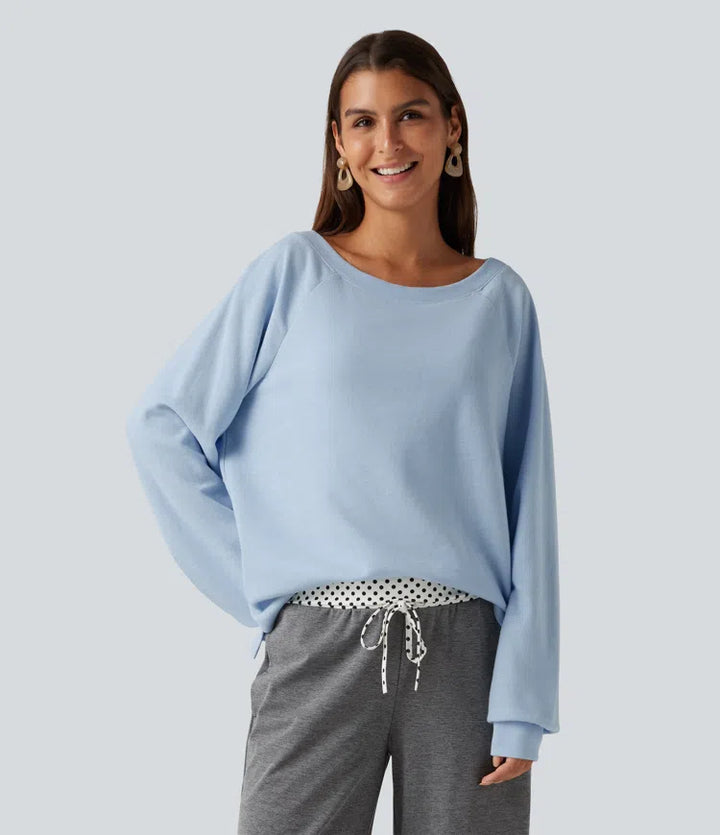 Boat Neck Raglan Long Sleeve Built-in Bra Casual Cotton Sweatshirt