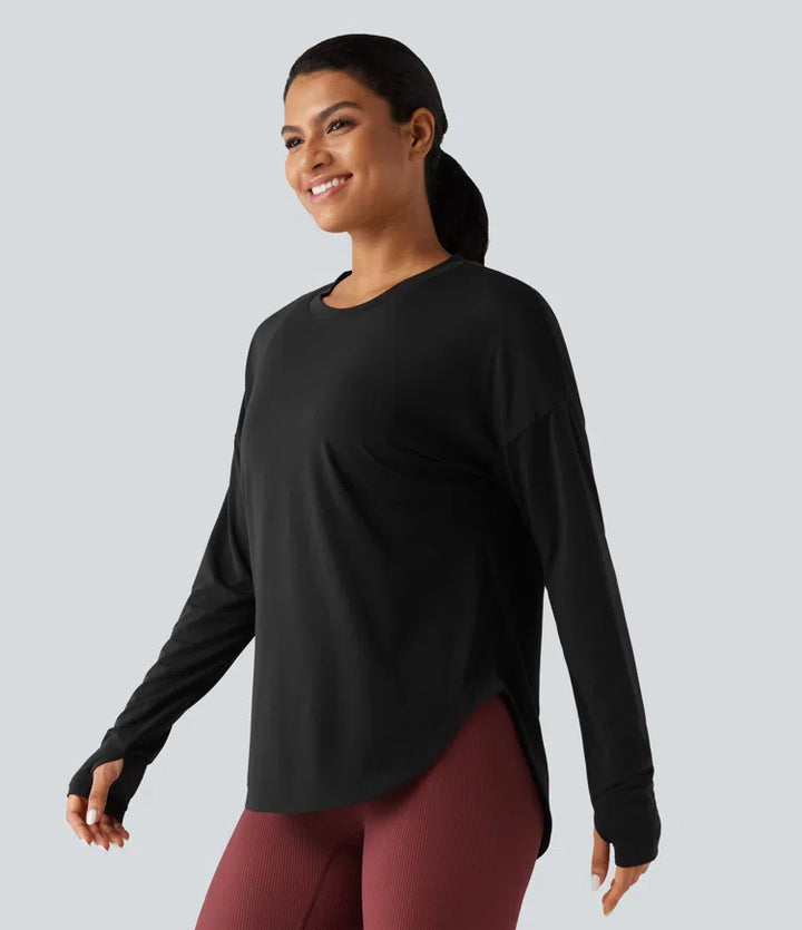 Round Neck Long Sleeve Thumb Hole Built-in Bra Quick Dry Yoga Sports Top