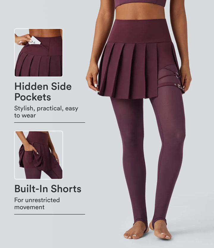 Breezeful High Waisted Pleated 2-in-1 Contrast Mesh Quick Dry Dance Stirrup Skirted Leggings with Pockets