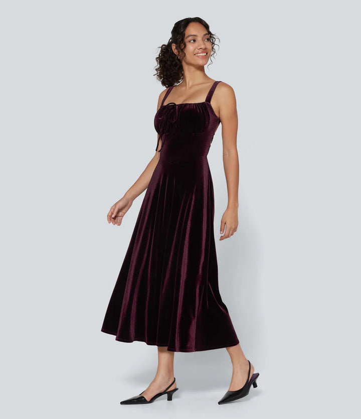 Square Neck Lace Up Ruched Built-in Bra Corset Velvet Midi Casual Milkmaid Dress